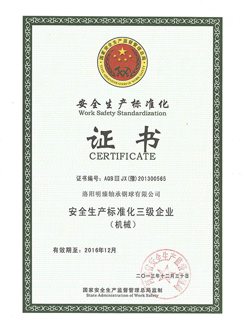 安全生產(chǎn)標(biāo)準(zhǔn)化證書(shū) / Work Safety Standardization